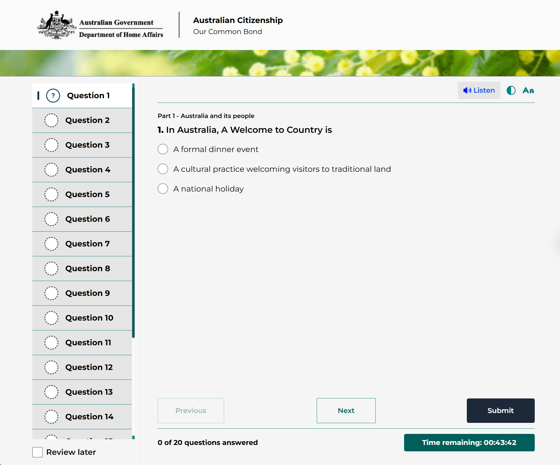 Australian Citizenship Test Exam Mode Simulator