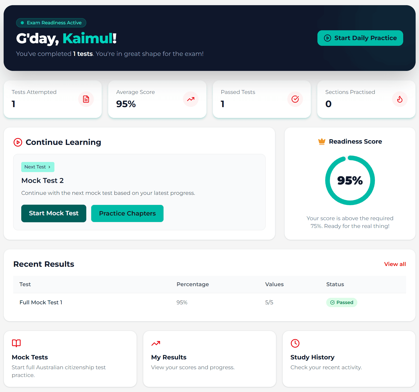 Premium dashboard preview showing test progress and readiness score